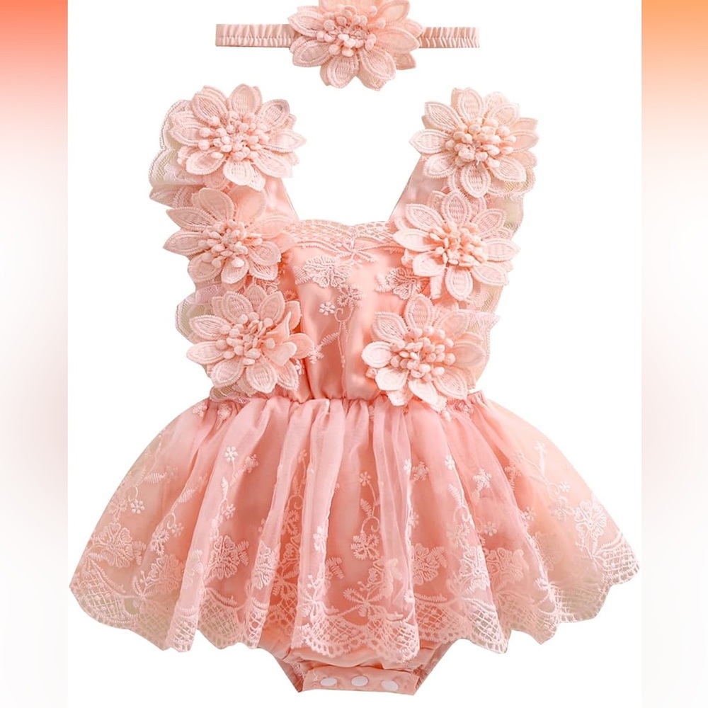 Pink Floral Embroidered Baby Dress Romper with Headband